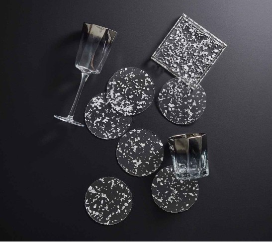 Stardust Drink Coasters in Clear & Silver, Set of 6 in a Caddy