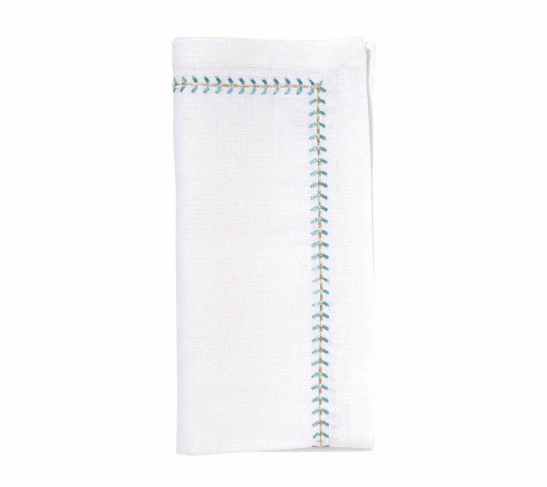 Herringbone Napkin in White, Seafoam & Gold, Set of 4