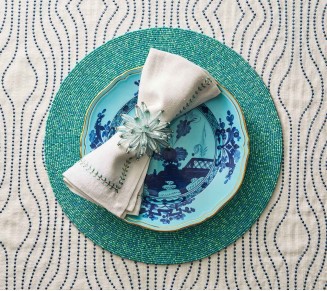 Herringbone Napkin in White, Seafoam & Gold, Set of 4