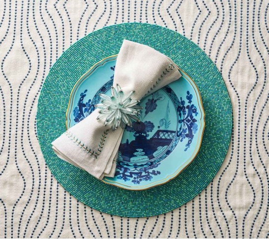Herringbone Napkin in White, Seafoam & Gold, Set of 4