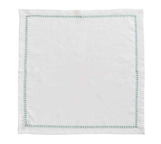 Herringbone Napkin in White, Seafoam & Gold, Set of 4