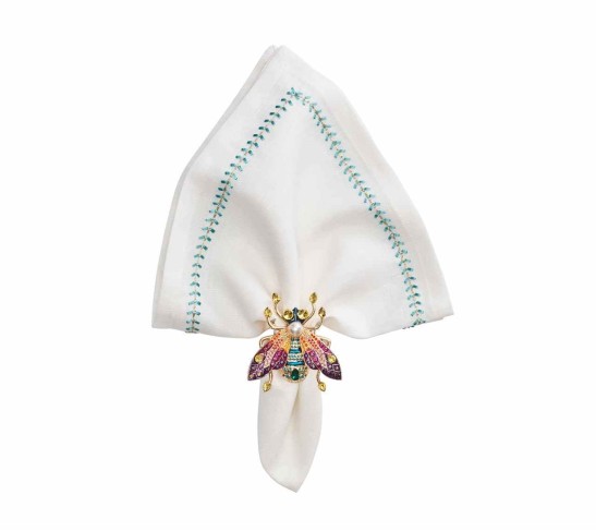 Herringbone Napkin in White, Seafoam & Gold, Set of 4