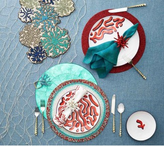Reef Napkin in White, Coral & Gold, Set of 4