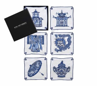 Indochine Cocktail Napkins in White & Blue, Set of 6 in a Gift Box