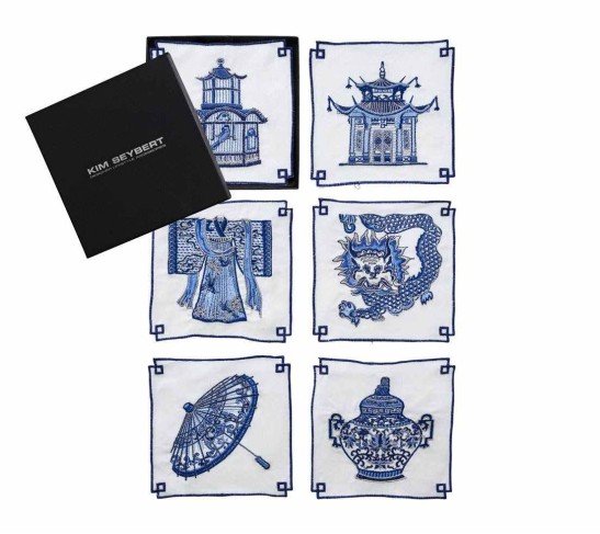 Indochine Cocktail Napkins in White & Blue, Set of 6 in a Gift Box
