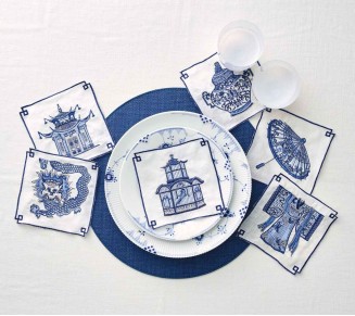 Indochine Cocktail Napkins in White & Blue, Set of 6 in a Gift Box
