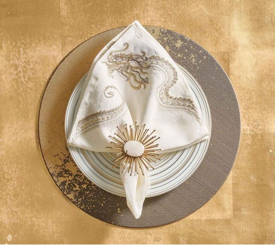 Imperial Dragon Napkin in White, Gold & Silver, Set of 4