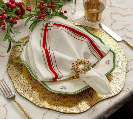 Gem Wreath Napkin Rings in Red, Green, & Gold, Set of 4 in a Gift Box