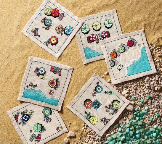 Beach Day Cocktail Napkins in Natural & Multi , Set of 6 in a Gift Box