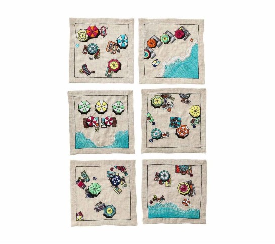 Beach Day Cocktail Napkins in Natural & Multi , Set of 6 in a Gift Box