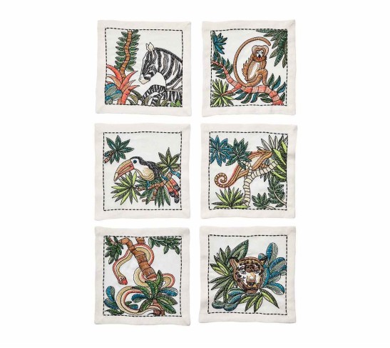 Mali Cocktail Napkins in White & Multi, Set of 6 in a Gift Box