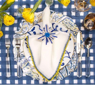 Knotted Edge Napkin in White, Blue & Yellow, Set of 4