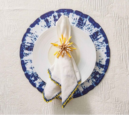 Knotted Edge Napkin in White, Blue & Yellow, Set of 4