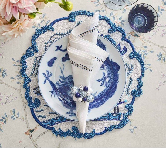 Cloud Napkin Ring in White & Blue, Set of 4