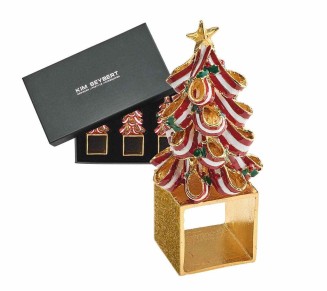 Holiday Tree Napkin Ring in Red, Green & Gold, Set of 4 in a Gift Box