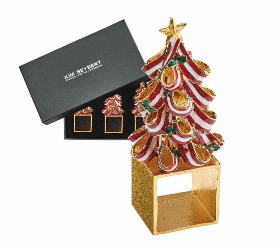 Holiday Tree Napkin Ring in Red, Green & Gold, Set of 4 in a Gift Box