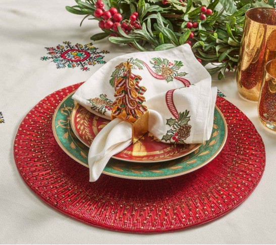 Holiday Tree Napkin Ring in Red, Green & Gold, Set of 4 in a Gift Box