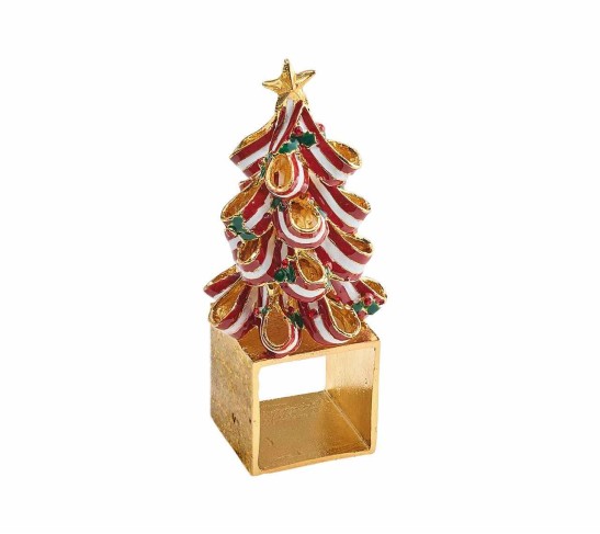 Holiday Tree Napkin Ring in Red, Green & Gold, Set of 4 in a Gift Box