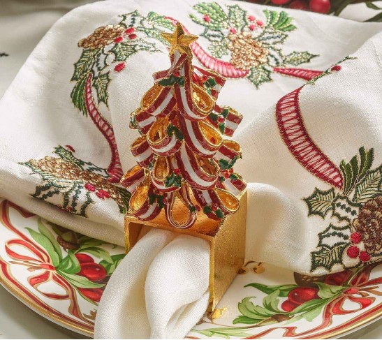 Holiday Tree Napkin Ring in Red, Green & Gold, Set of 4 in a Gift Box