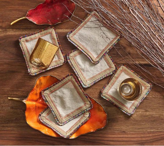 Spectrum Linen Cocktail Napkins in Natural & Multi , Set of 6 in a Gift Bag