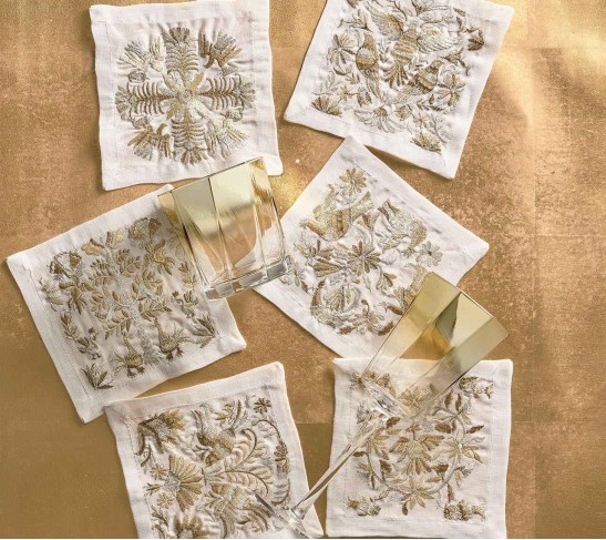 Otomi Cocktail Napkins in Gold & Silver, Set of 6 in Gift Box