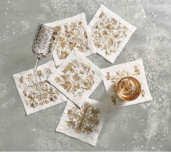 Otomi Cocktail Napkins in Gold & Silver, Set of 6 in Gift Box