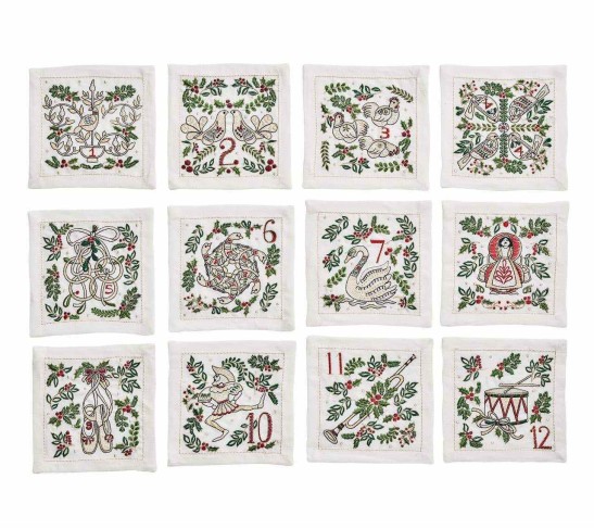 12 Days of Christmas Linen Cocktail Napkins, Set of 12 in a Gift Box