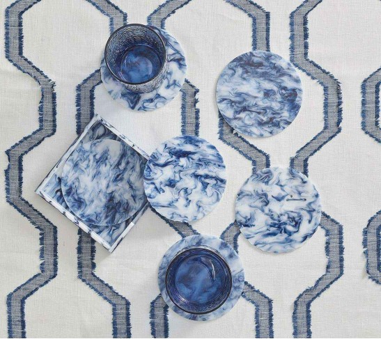Waves Drink Coasters in White & Navy, Set of 6 in a Caddy