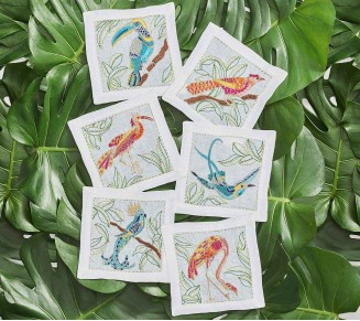Birds of Paradise Cocktail Napkins in White & Multi, Set of 6 in a Gift Box