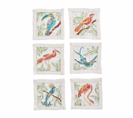 Birds of Paradise Cocktail Napkins in White & Multi, Set of 6 in a Gift Box