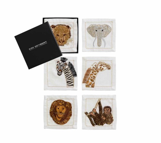 Out of Africa Cocktail Napkins in White & Multi, Set of 6 in a Gift Box
