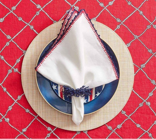 Knotted Edge Napkin in White, Navy & Red, Set of 4