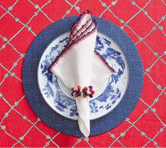 Knotted Edge Napkin in White, Navy & Red, Set of 4