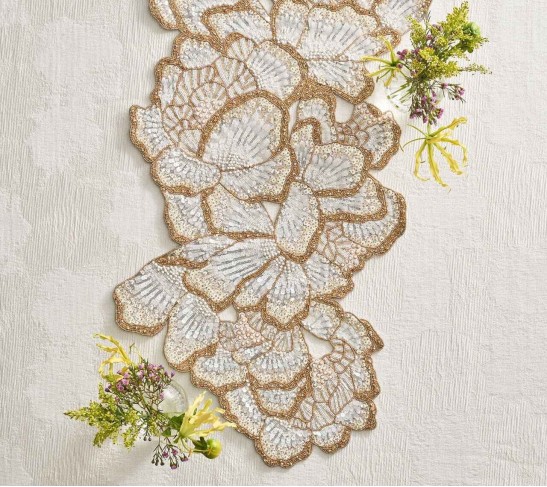 Botanica Table Runner in White, Gold, & Silver
