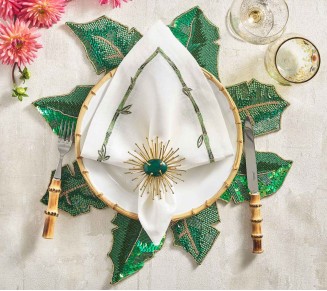 Bamboo Napkin in White & Green & Gold, Set of 4