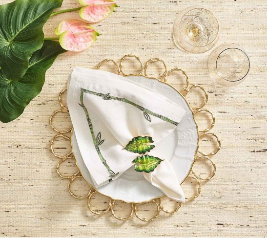 Bamboo Napkin in White & Green & Gold, Set of 4