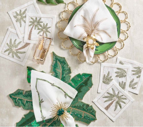 Bamboo Napkin in White & Green & Gold, Set of 4