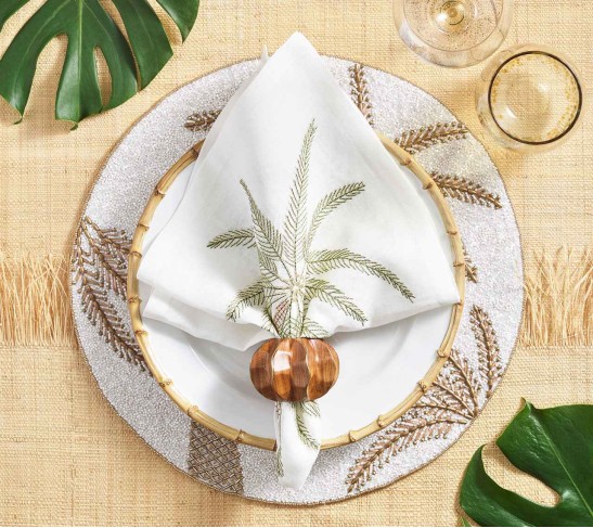 Palm Coast Napkin in White & Green & Gold, Set of 4