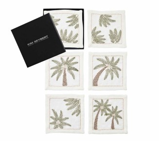 Palm Coast Cocktail Napkin in White, Green & Gold, Set of 6 in a Gift Box 