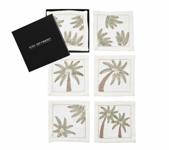 Palm Coast Cocktail Napkin in White, Green & Gold, Set of 6 in a Gift Box 