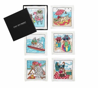 Bow Meow Cocktail Napkins in White & Multi , Set of 6 in a Gift Box