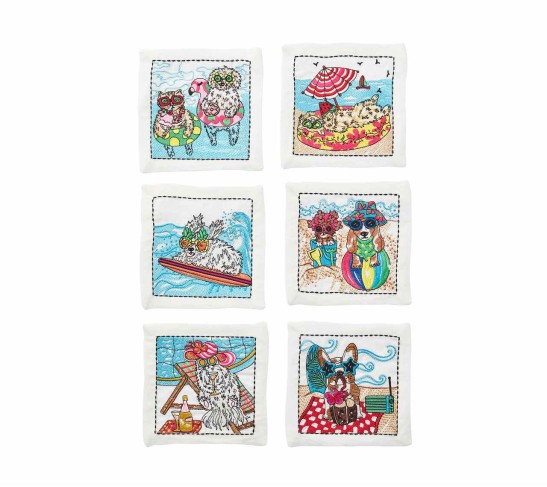 Bow Meow Cocktail Napkins in White & Multi , Set of 6 in a Gift Box