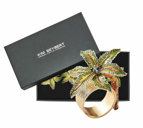 Palm Coast Napkin Ring in Green & Gold, Set of 4 in a Gift Box