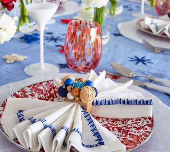 Java Napkin Ring in Natural & Navy & White, Set of 4