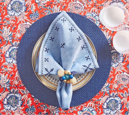 Java Napkin Ring in Natural & Navy & White, Set of 4