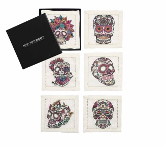 Day of The Dead Cocktail Napkins in White & Multi, Set of 6 in a Gift Box