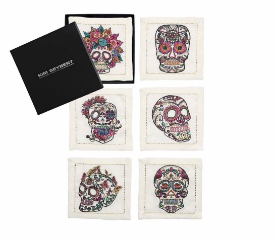 Day of The Dead Cocktail Napkins in White & Multi, Set of 6 in a Gift Box
