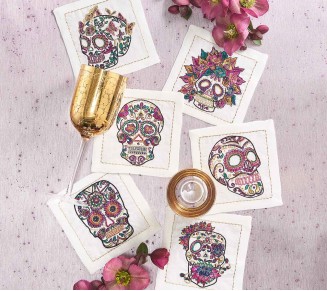 Day of The Dead Cocktail Napkins in White & Multi, Set of 6 in a Gift Box