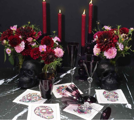 Day of The Dead Cocktail Napkins in White & Multi, Set of 6 in a Gift Box