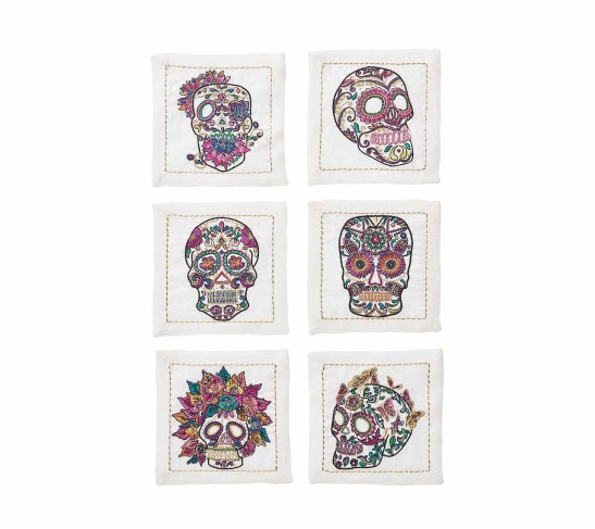 Day of The Dead Cocktail Napkins in White & Multi, Set of 6 in a Gift Box
